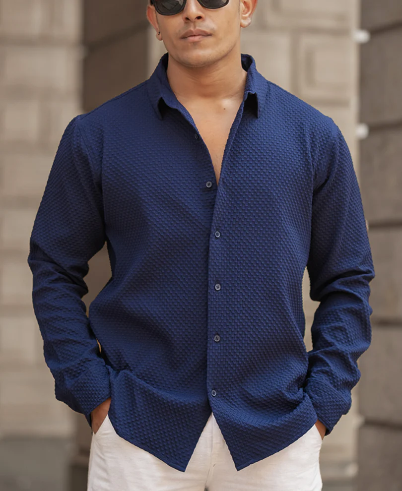 Navy Blue Structured Regular Fit Shirt - Image 2