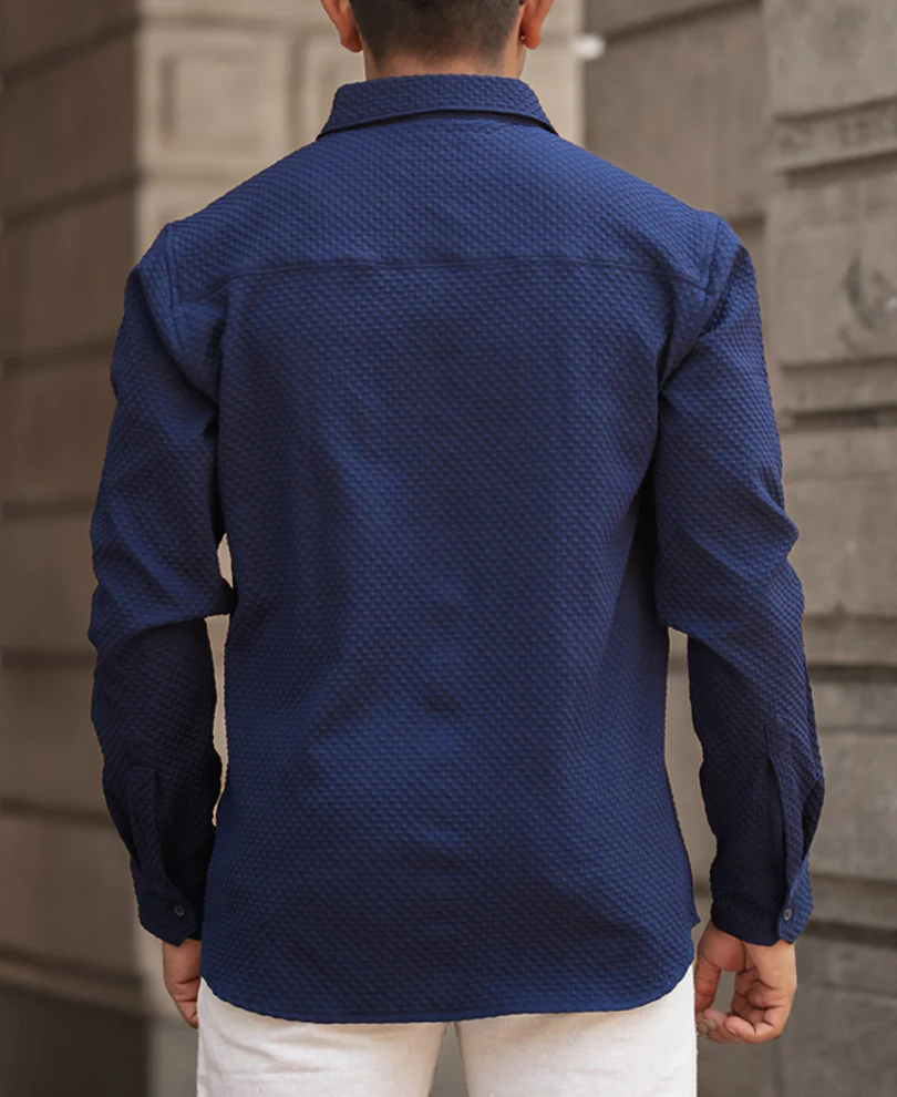 Navy Blue Structured Regular Fit Shirt - Image 3