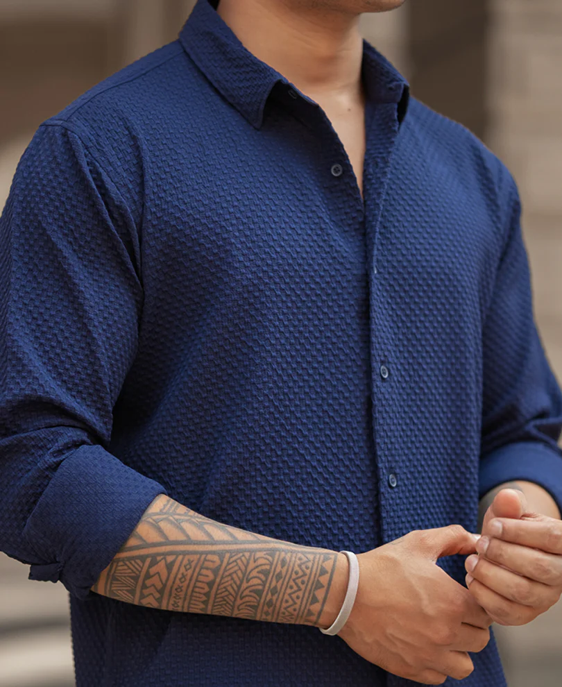 Navy Blue Structured Regular Fit Shirt - Image 4