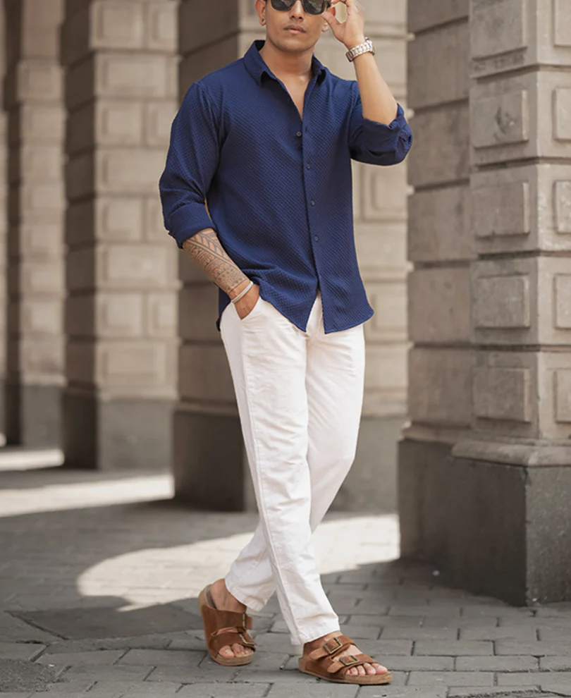 Navy Blue Structured Regular Fit Shirt - Image 5