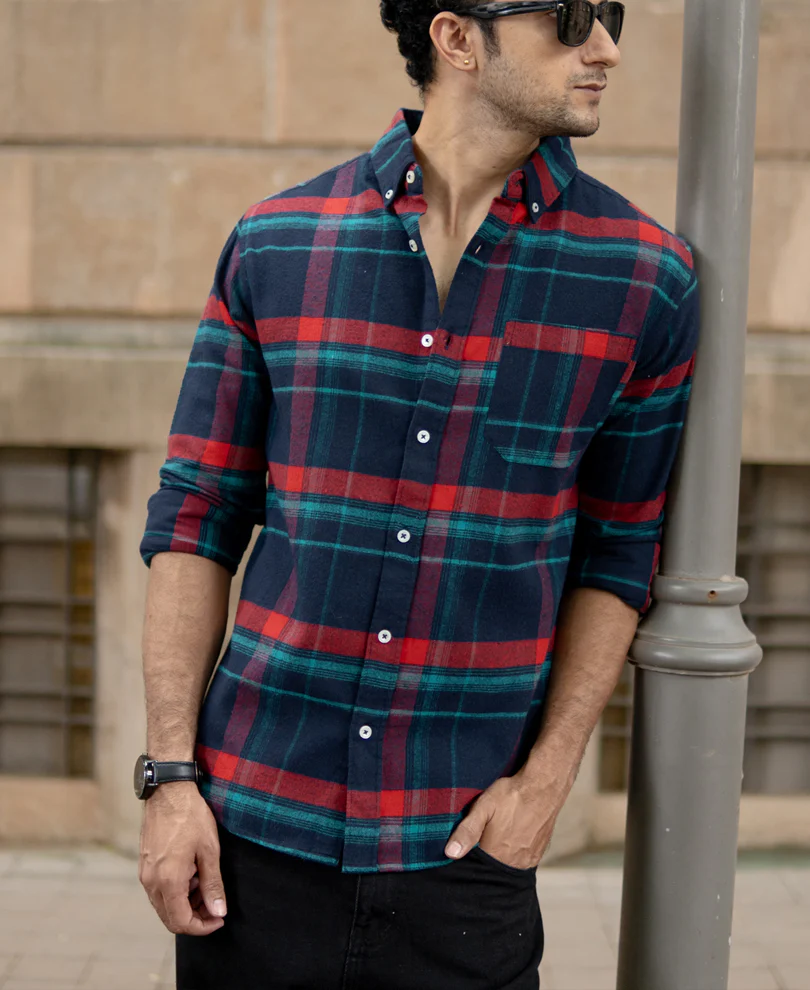 Navy Button Down Brushed Checks Shirt - Image 2
