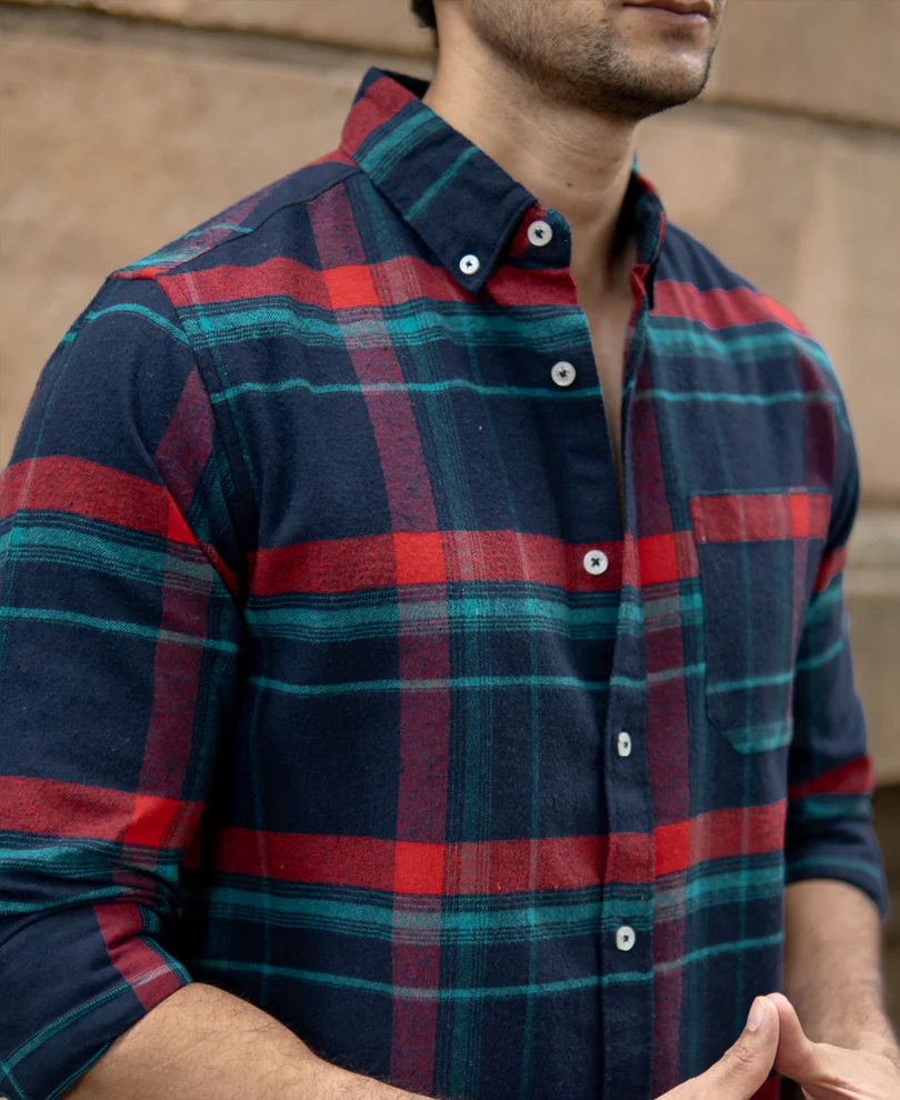 Navy Button Down Brushed Checks Shirt - Image 3
