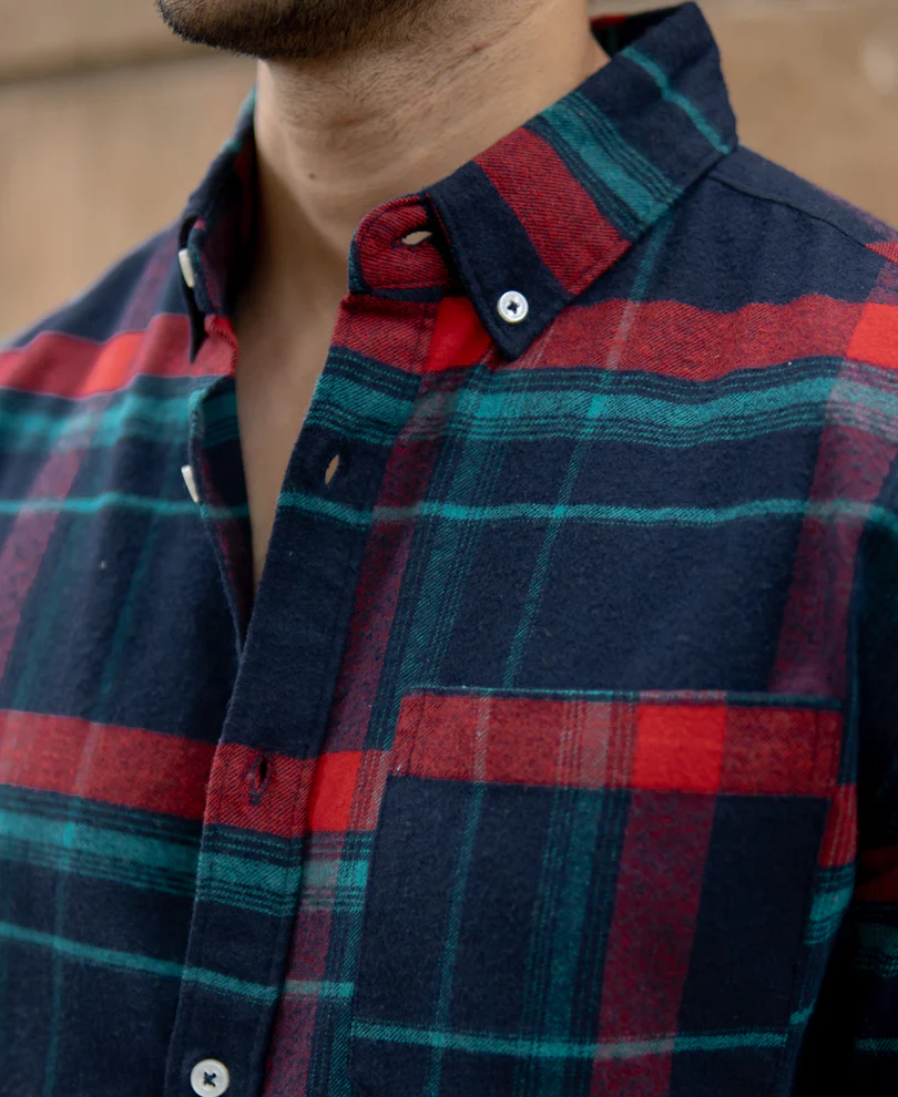 Navy Button Down Brushed Checks Shirt - Image 4