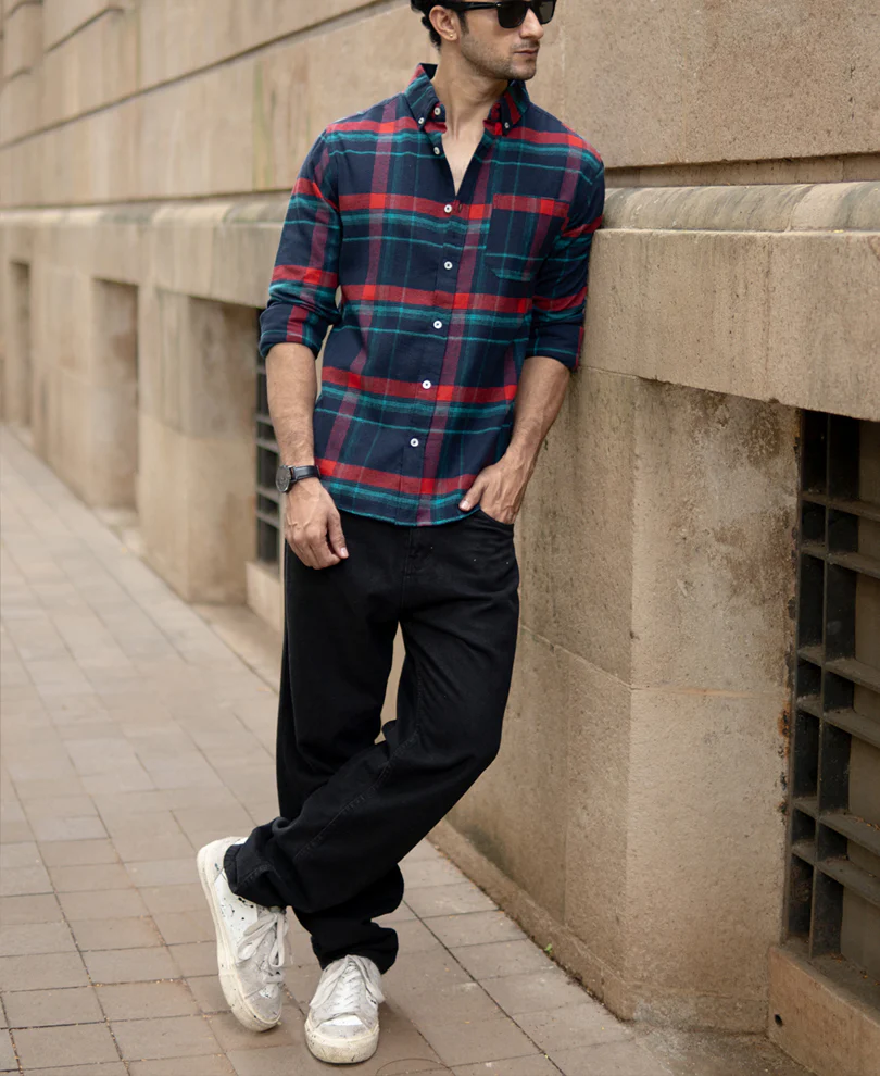 Navy Button Down Brushed Checks Shirt - Image 6