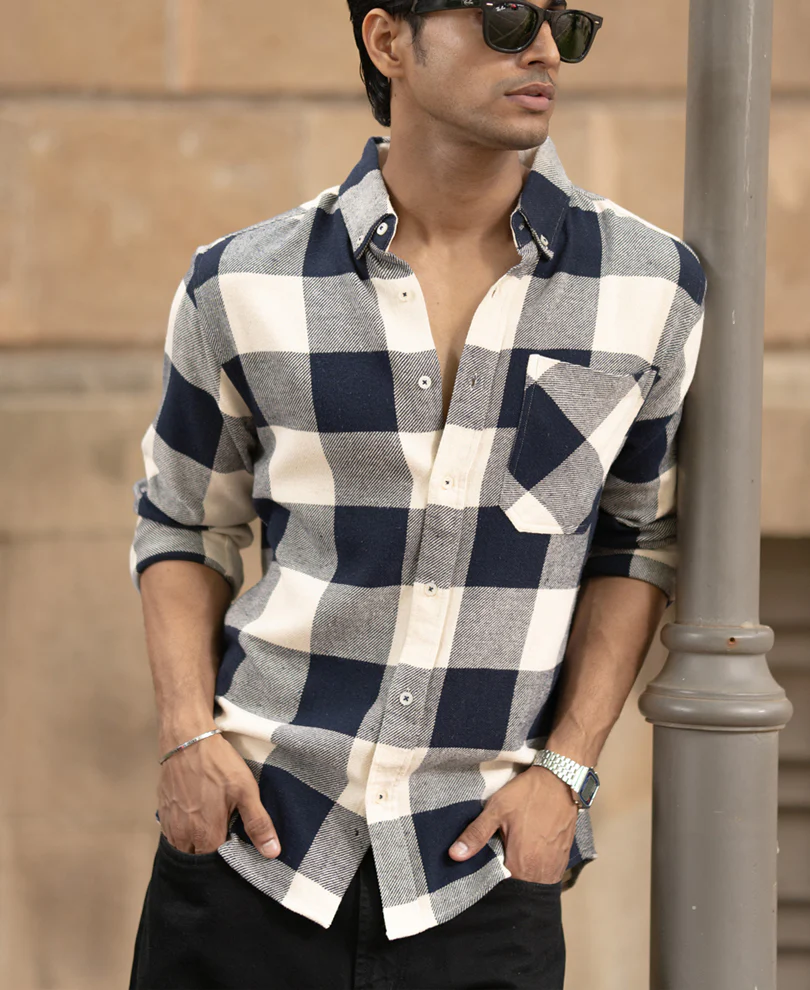 Navy Checks Shirt With Pocket - Image 2