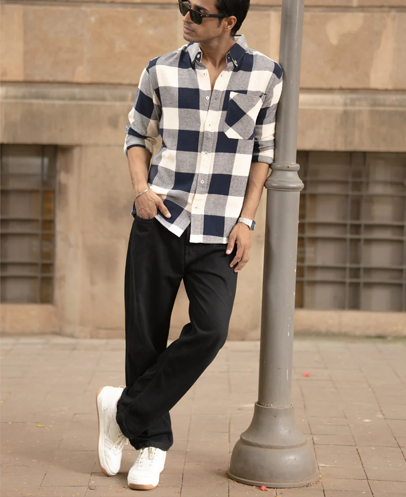 Navy Checks Shirt With Pocket - Image 6