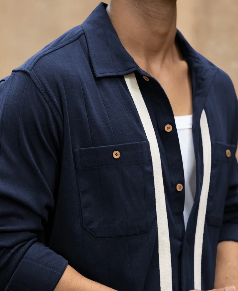 Navy Contrast Detail Shirt 100% Cotton - Image 3