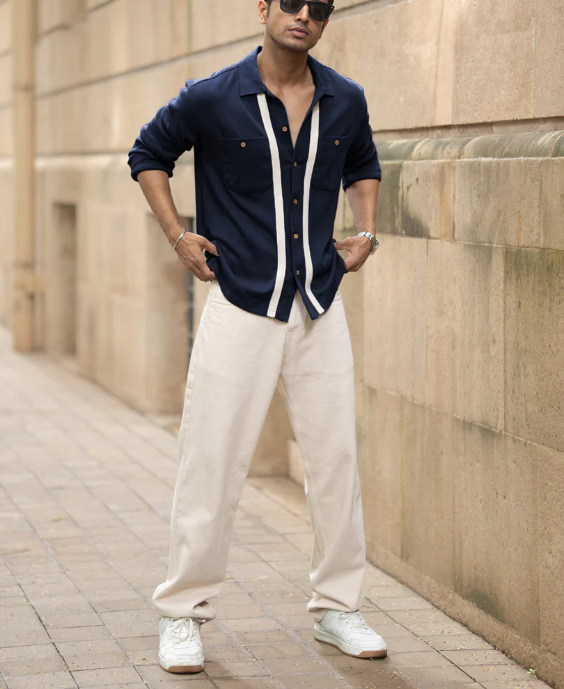 Navy Contrast Detail Shirt 100% Cotton - Image 5