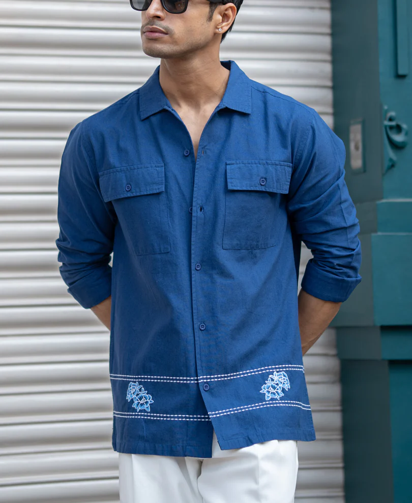 Navy Embroidered Linen Shirt - Image 3