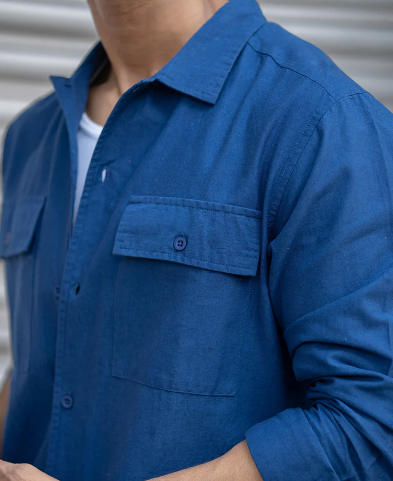 Navy Embroidered Linen Shirt - Image 4