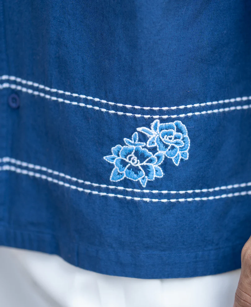 Navy Embroidered Linen Shirt - Image 5