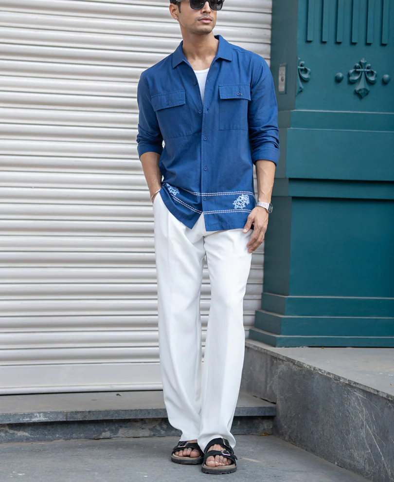 Navy Embroidered Linen Shirt - Image 7