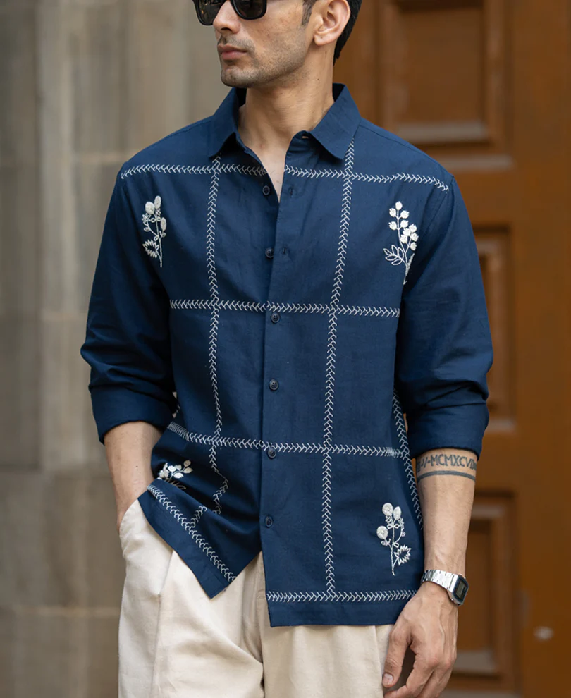 Navy Embrpoidery Linen Blend Shirt - Image 2