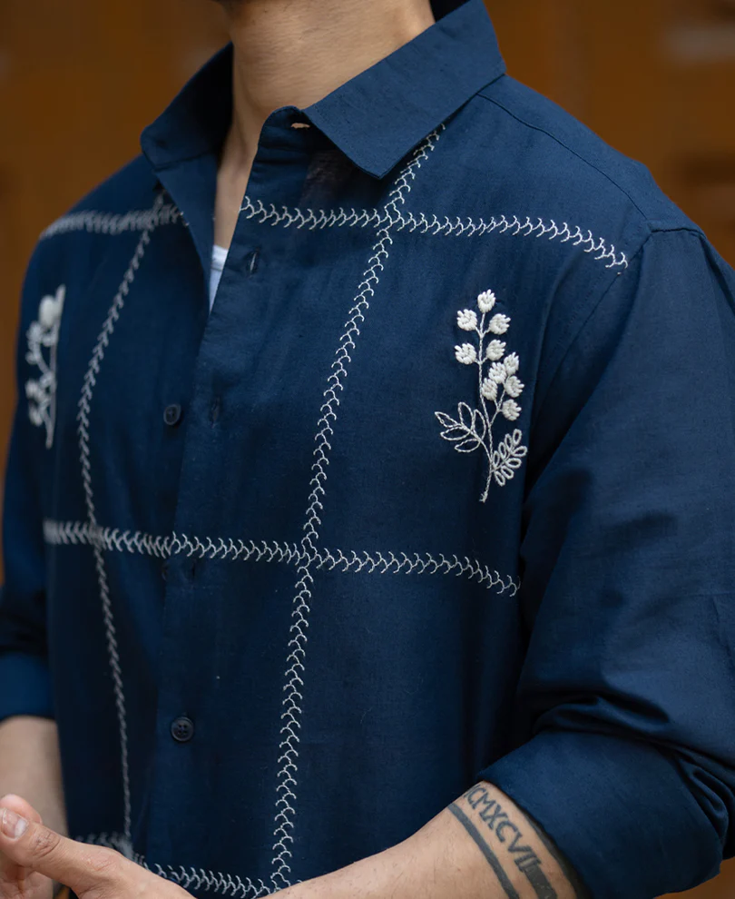 Navy Embrpoidery Linen Blend Shirt - Image 3