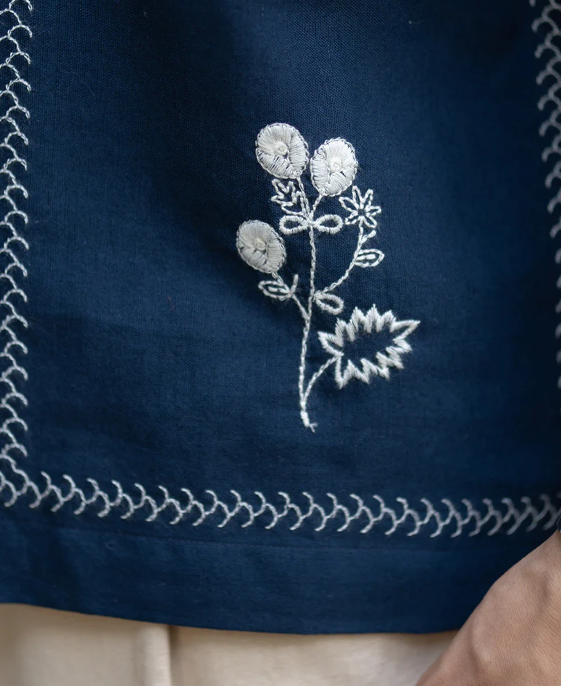 Navy Embrpoidery Linen Blend Shirt - Image 4