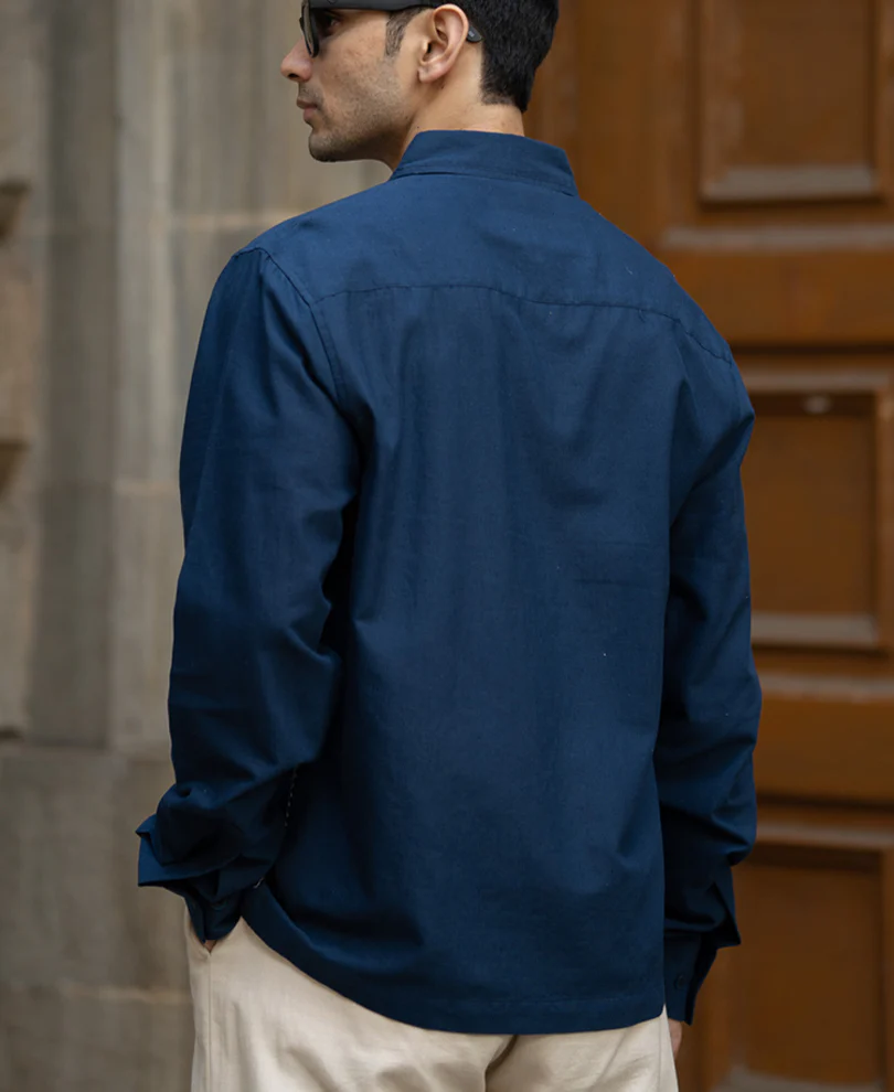 Navy Embrpoidery Linen Blend Shirt - Image 5