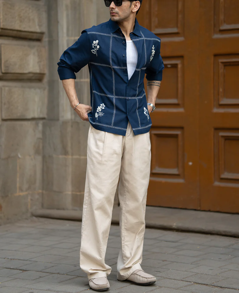 Navy Embrpoidery Linen Blend Shirt - Image 6