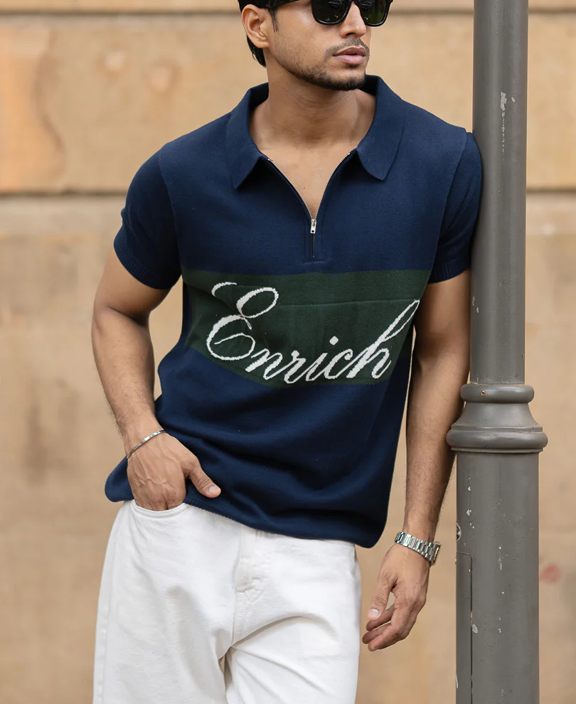 Navy Enrich Knitted Polo T-Shirt 100% Cotton - Image 2