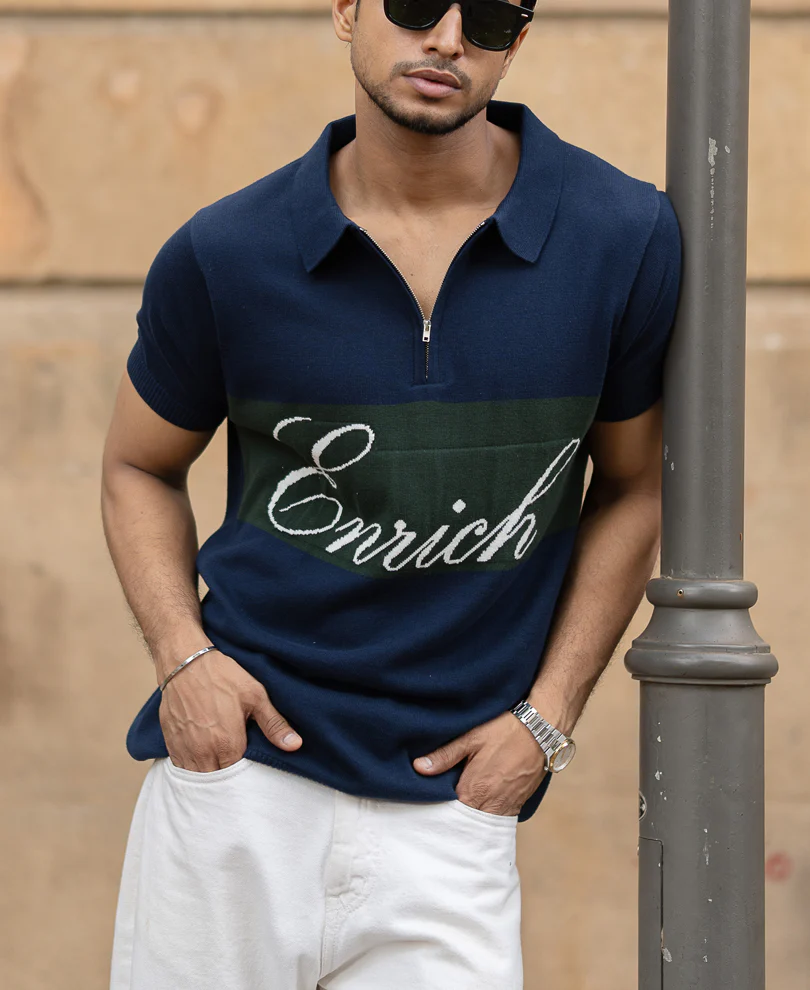 Navy Enrich Knitted Polo T-Shirt 100% Cotton - Image 3