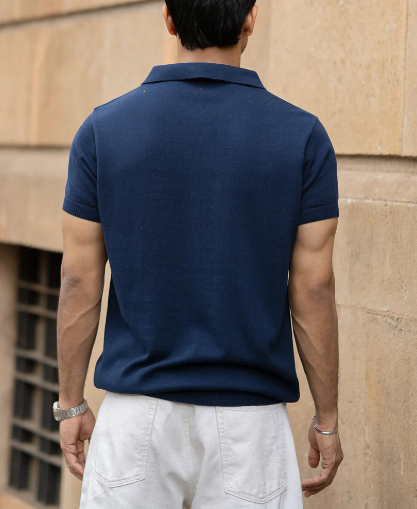 Navy Enrich Knitted Polo T-Shirt 100% Cotton - Image 6