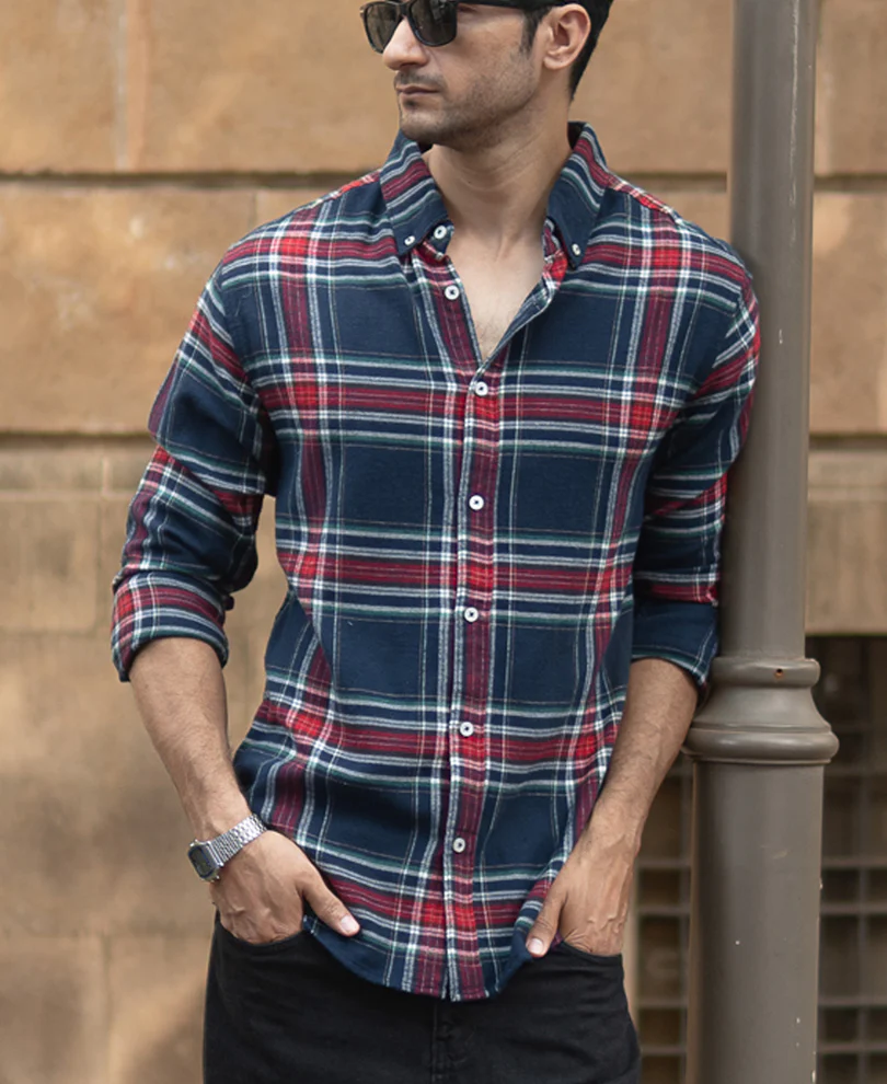 Navy Flannel Checked Shirt 100% Cotton - Image 2