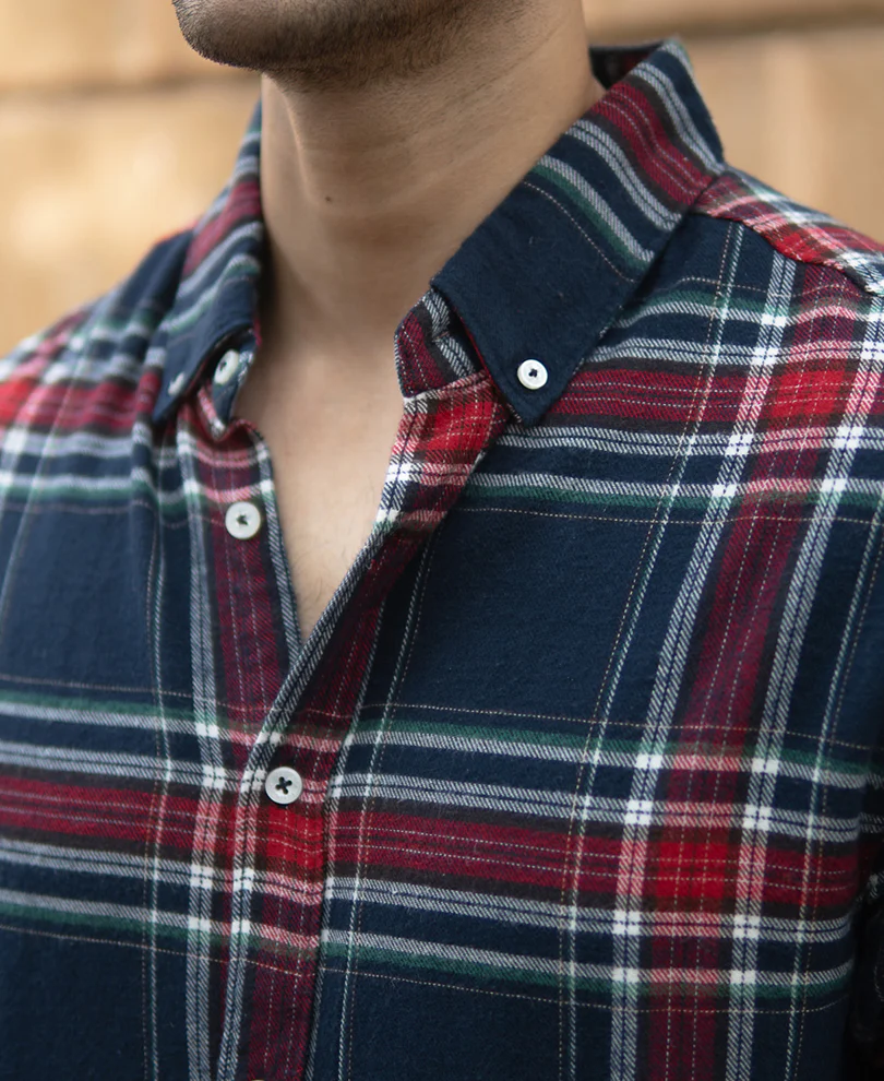 Navy Flannel Checked Shirt 100% Cotton - Image 3