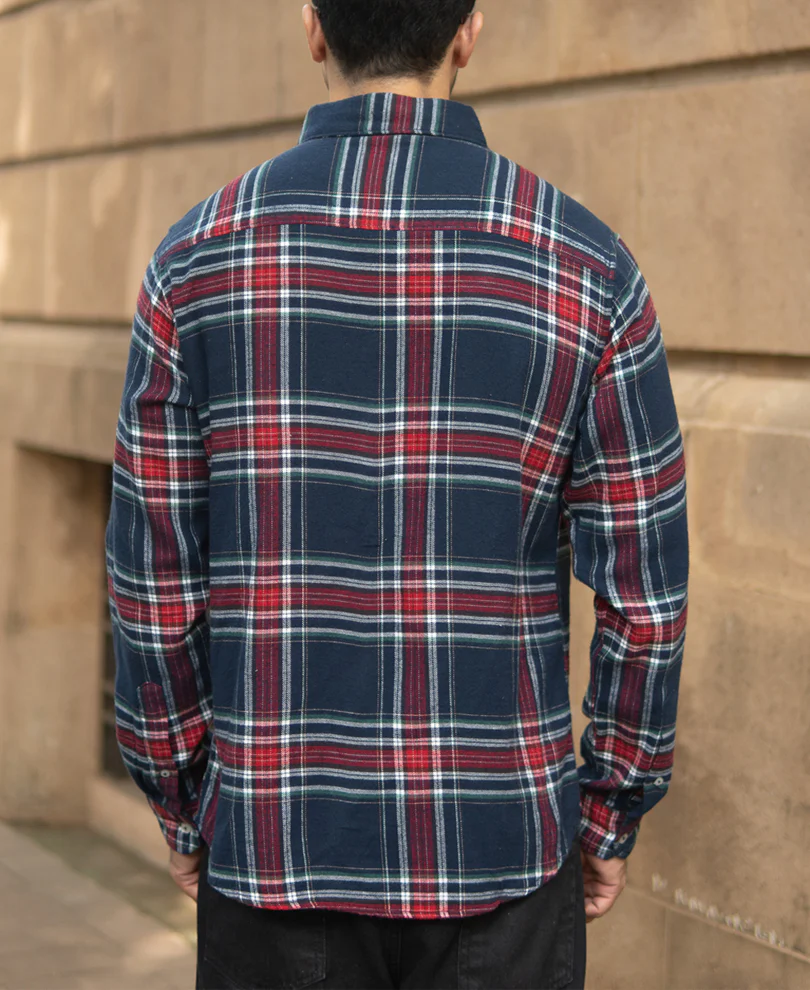 Navy Flannel Checked Shirt 100% Cotton - Image 5