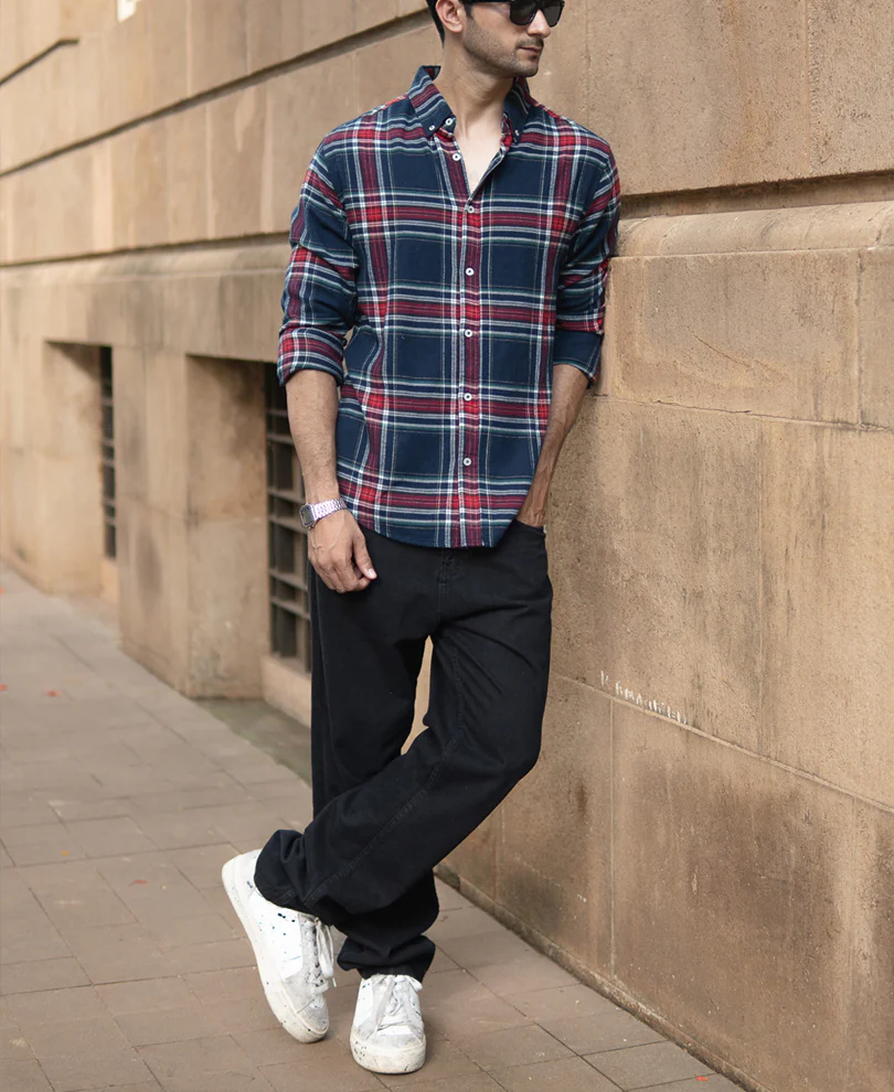 Navy Flannel Checked Shirt 100% Cotton - Image 6