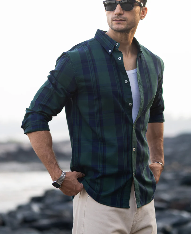 Navy Green Structured Checks Shirt - Image 2