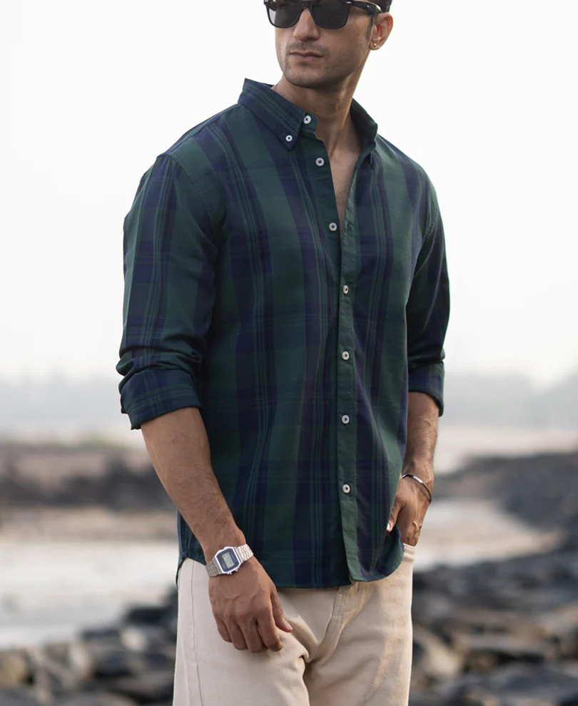 Navy Green Structured Checks Shirt - Image 3