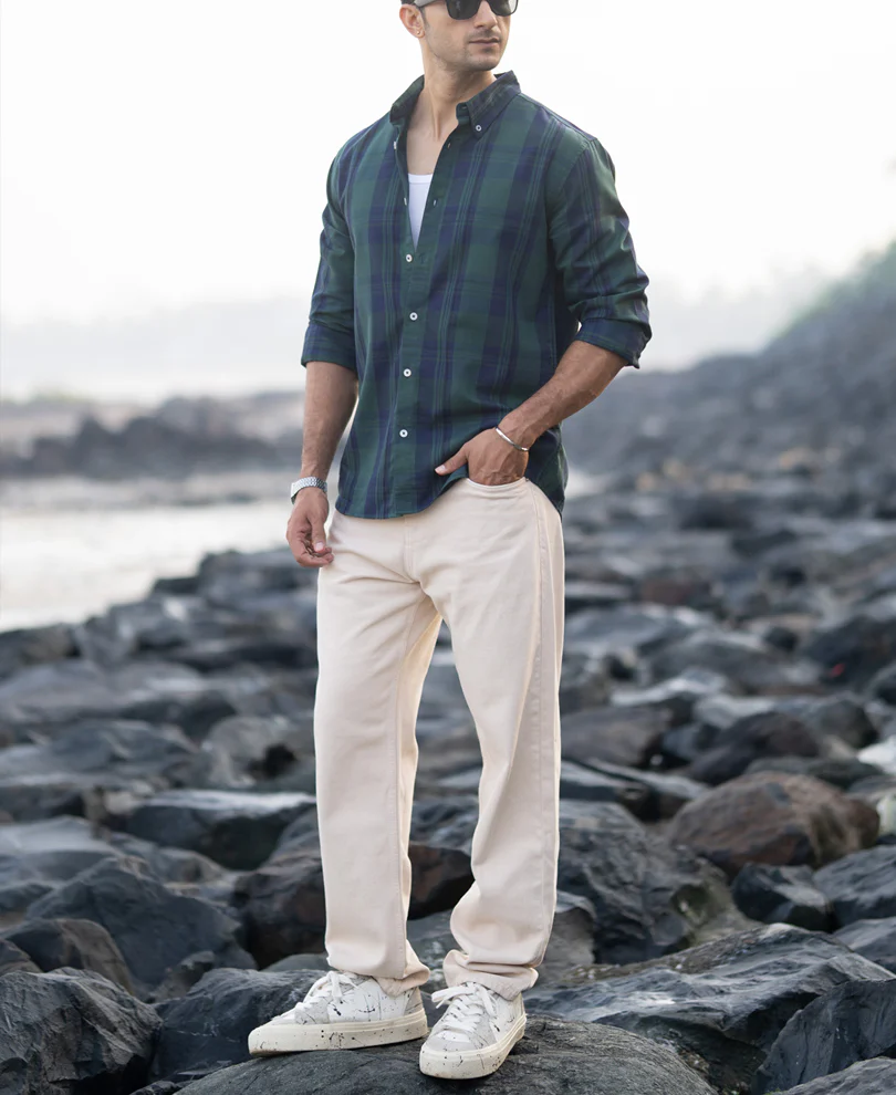 Navy Green Structured Checks Shirt - Image 6