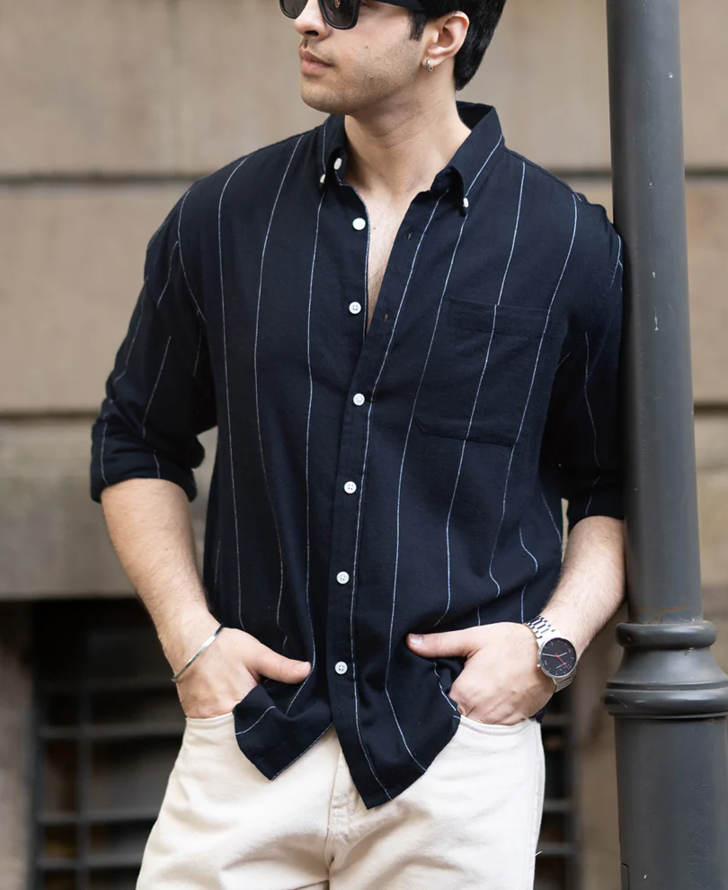 Navy Lightweight Linen Striped Shirt - Image 2