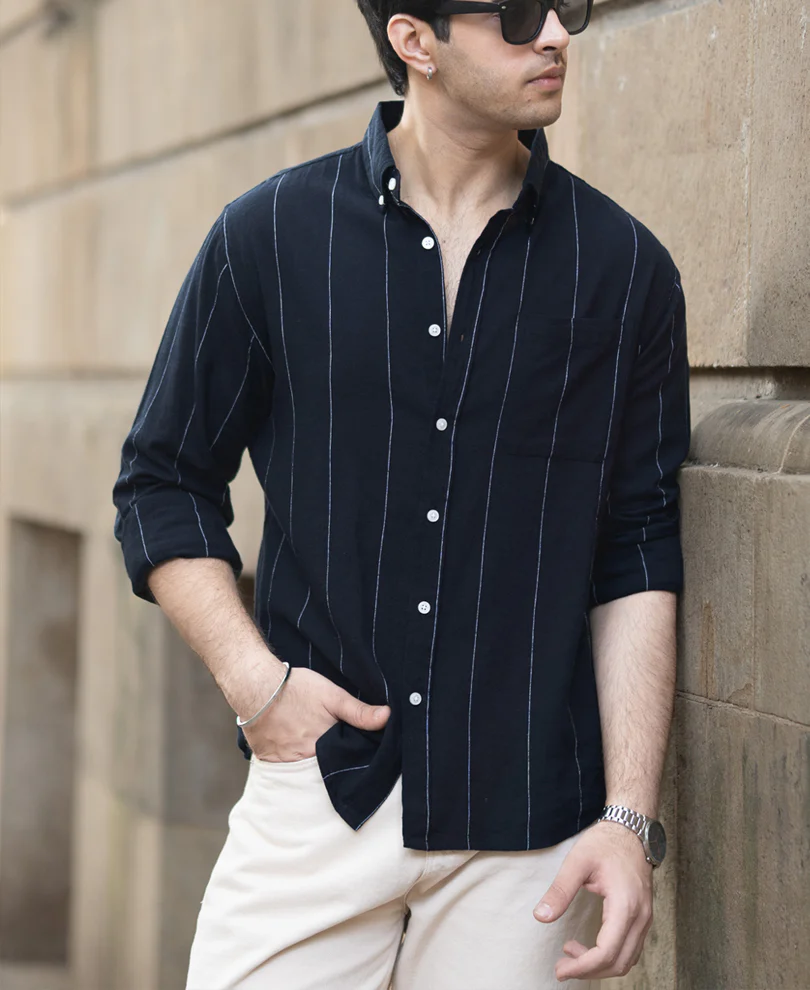 Navy Lightweight Linen Striped Shirt - Image 3