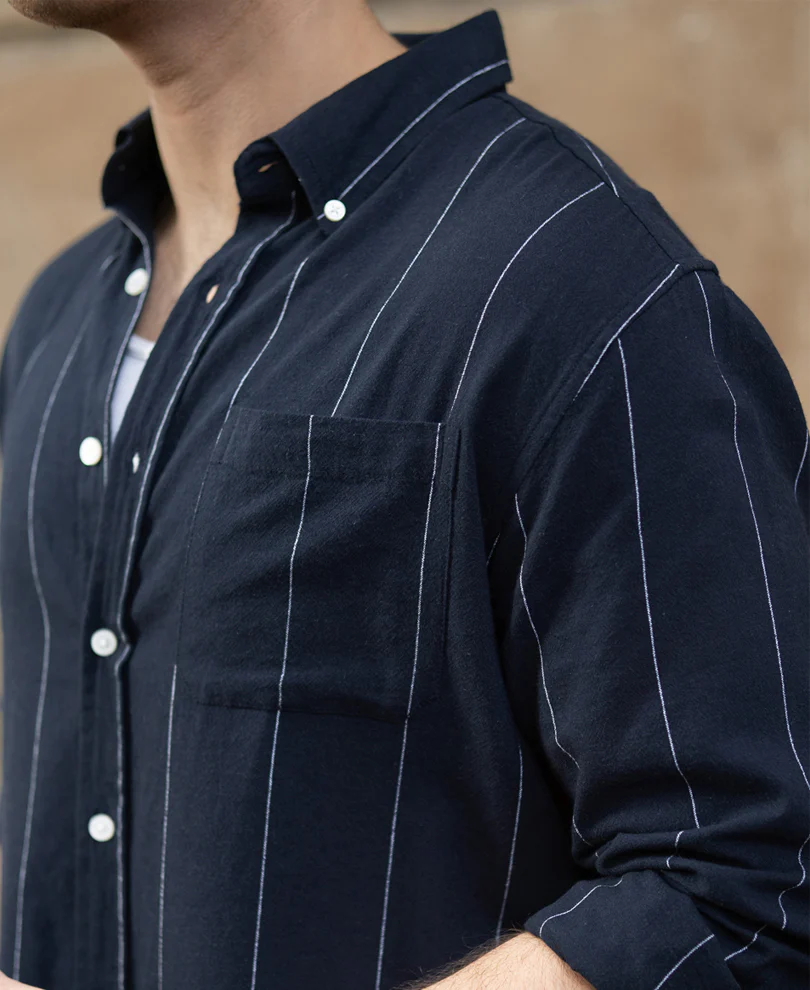 Navy Lightweight Linen Striped Shirt - Image 4