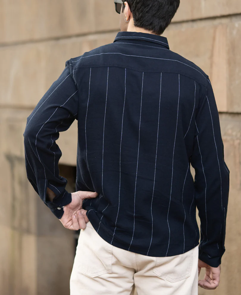 Navy Lightweight Linen Striped Shirt - Image 5