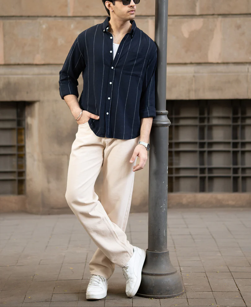 Navy Lightweight Linen Striped Shirt - Image 6