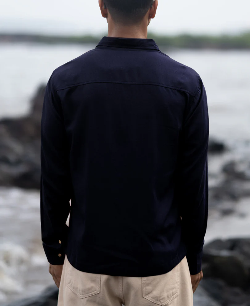 Navy Linen Blend Embroidery Shirt - Image 3