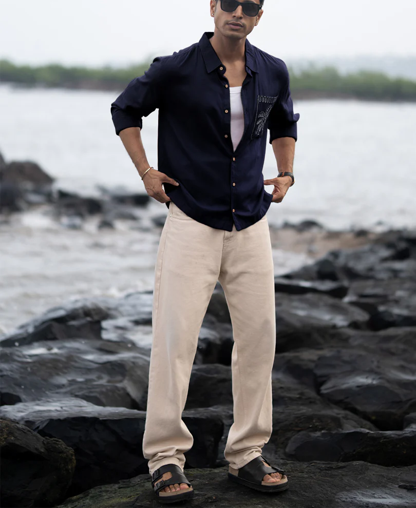 Navy Linen Blend Embroidery Shirt - Image 4