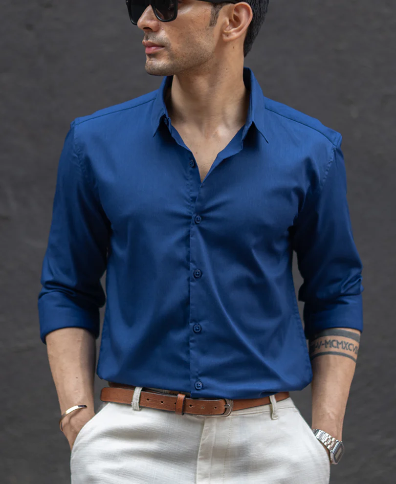Navy Melange Stretch Shirt - Image 2