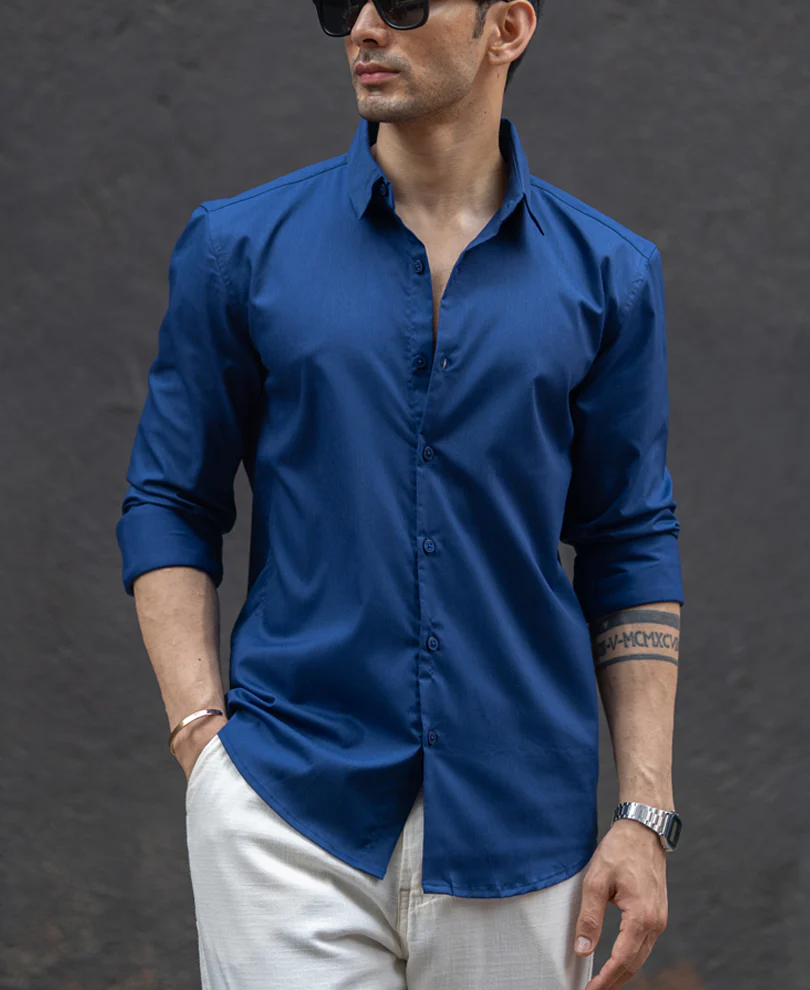 Navy Melange Stretch Shirt - Image 3