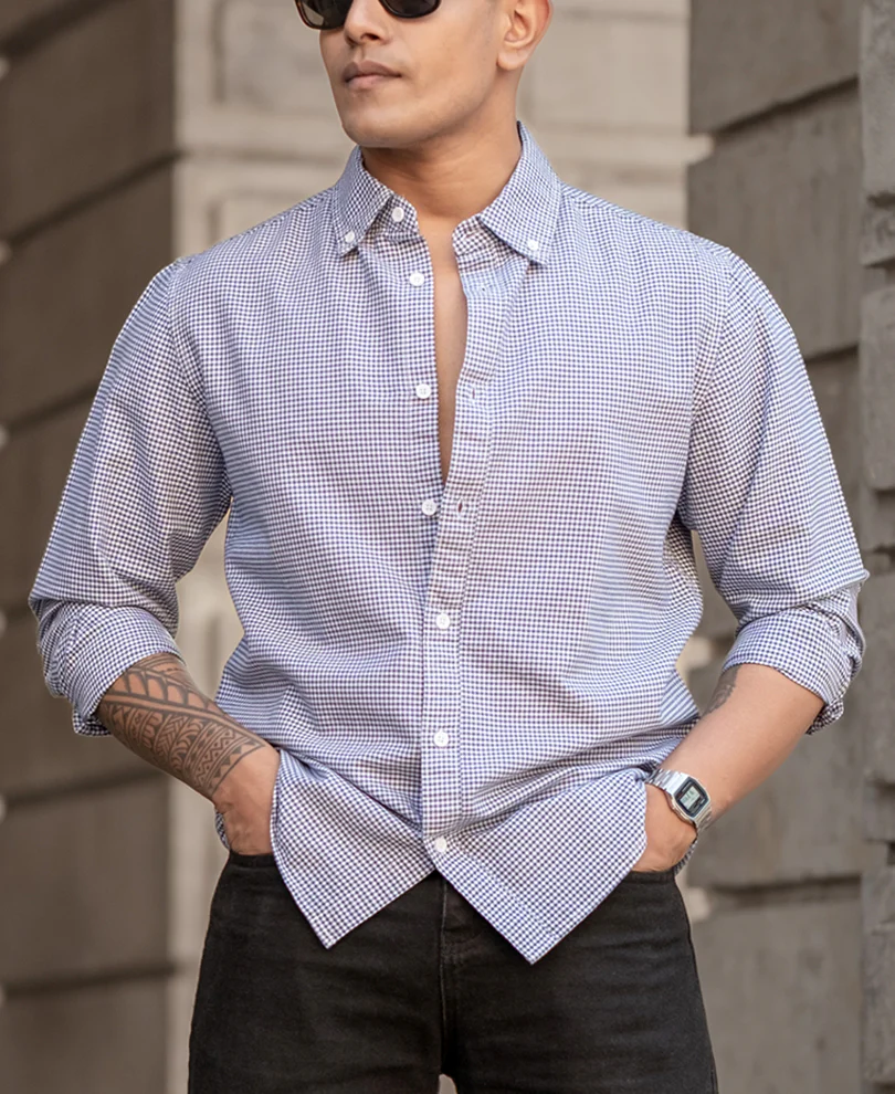Navy Micro Check Lightweight Shirt 100% Cotton - Image 2