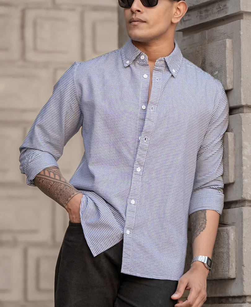 Navy Micro Check Lightweight Shirt 100% Cotton - Image 3