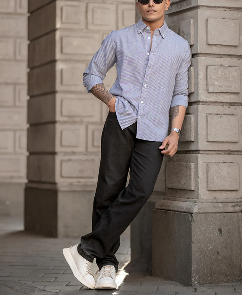 Navy Micro Check Lightweight Shirt 100% Cotton - Image 5