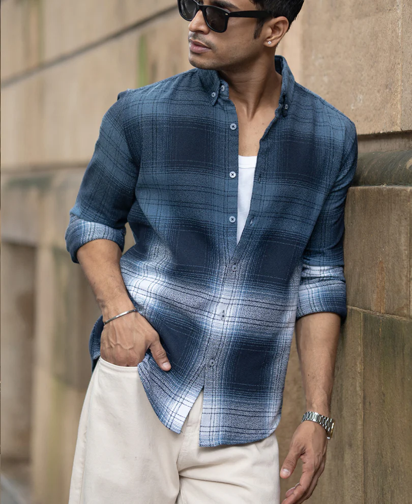 Navy Ombre Checks Shirt - Image 2