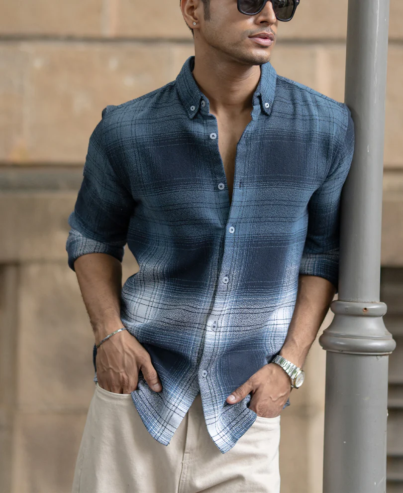 Navy Ombre Checks Shirt - Image 3