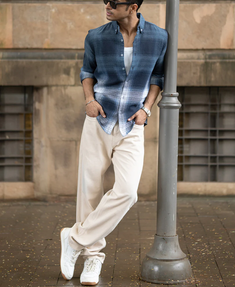 Navy Ombre Checks Shirt - Image 6