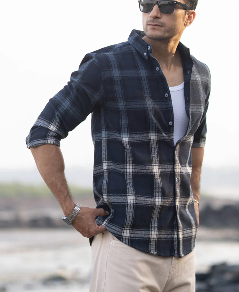 Navy Ombre Checks Shirt - Image 3