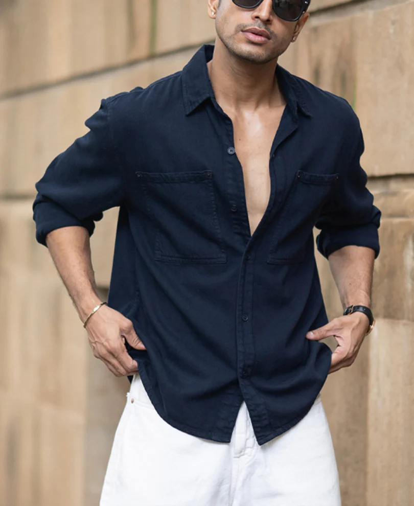 Navy Overdyed Twill Overshirt 100% Cotton - Image 3