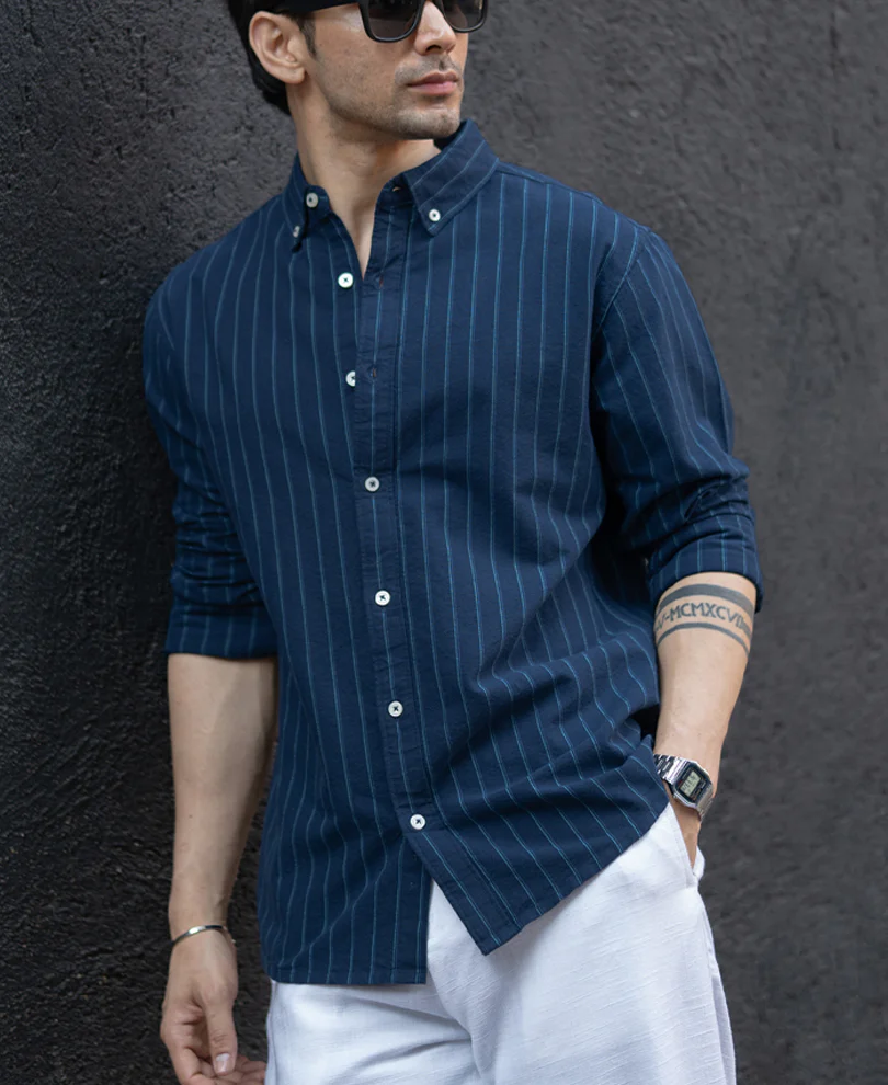 Navy Oxford Stripe Shirt 100% Cotton - Image 2