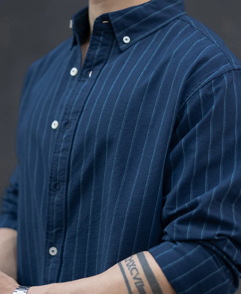 Navy Oxford Stripe Shirt 100% Cotton - Image 4
